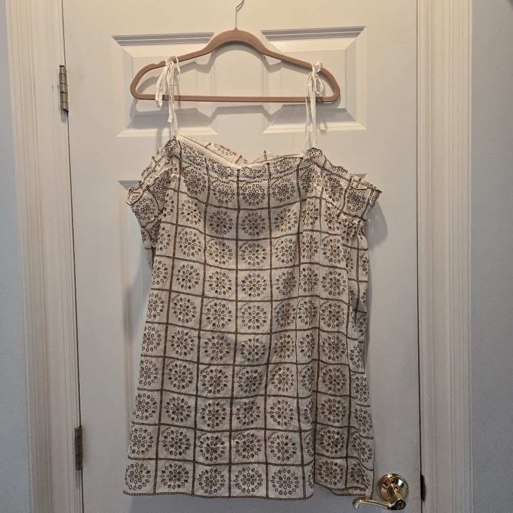 NWT Ganni Mini Dress 36/S Eyelet Neutral Cutout Sheer Oversized Tie Sleeveless